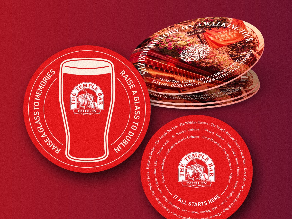 Collectible coaster design for The Temple Bar Pub featuring illustrative and typographic styles with embedded QR pathways.