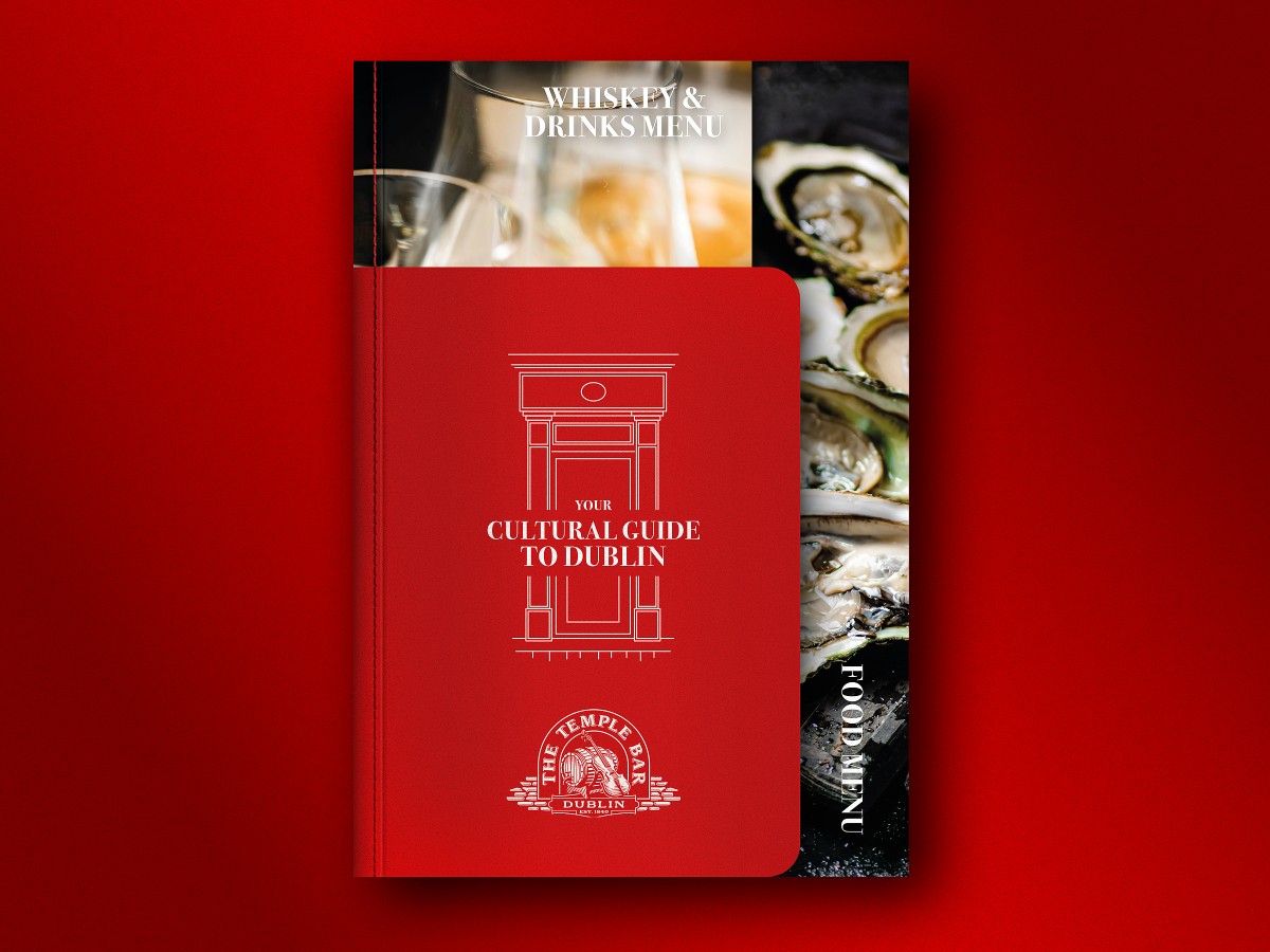 The Temple Bar three-part booklet system designed by emotionmedia, showing the Cultural Guide, Drinks Menu and Food Menu in a unified volume.